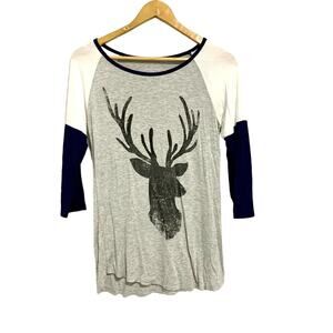 Christmas Deer Baseball Tee Medium Gray Navy